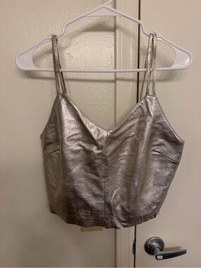 Walter Baker Metallic Silver V-Neck Lamb Leather Cropped Cami Women’s Small
